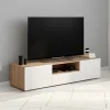 IDMarket Meuble TV 140 cm bois façon hêtre portes blanches* Meubles Tv|Salon Complet