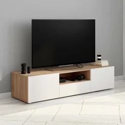 IDMarket Meuble TV 140 cm bois façon hêtre portes blanches* Meubles Tv|Salon Complet