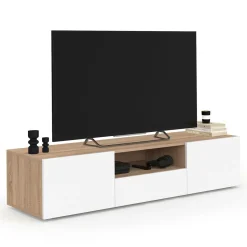 IDMarket Meuble TV 140 cm bois façon hêtre portes blanches* Meubles Tv|Salon Complet