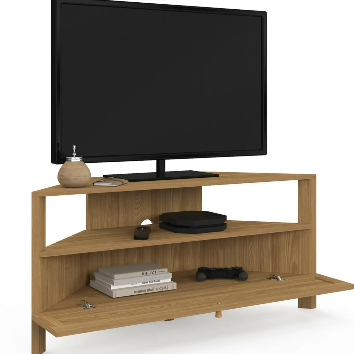 IDMarket Meuble TV 100 cm d'angle 1 porte effet naturel cannage* Collection Cannage|Collection Vintage