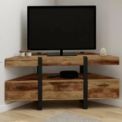 IDMarket Meuble TV 110 cm d'angle bois pied épingle avec tiroirs* Collection Vintage|Meubles Tv