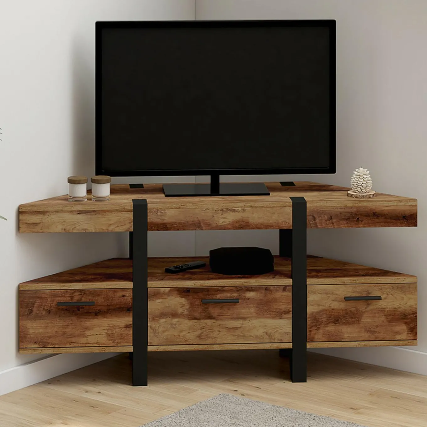 IDMarket Meuble TV 110 cm d'angle bois pied épingle avec tiroirs* Collection Vintage|Meubles Tv