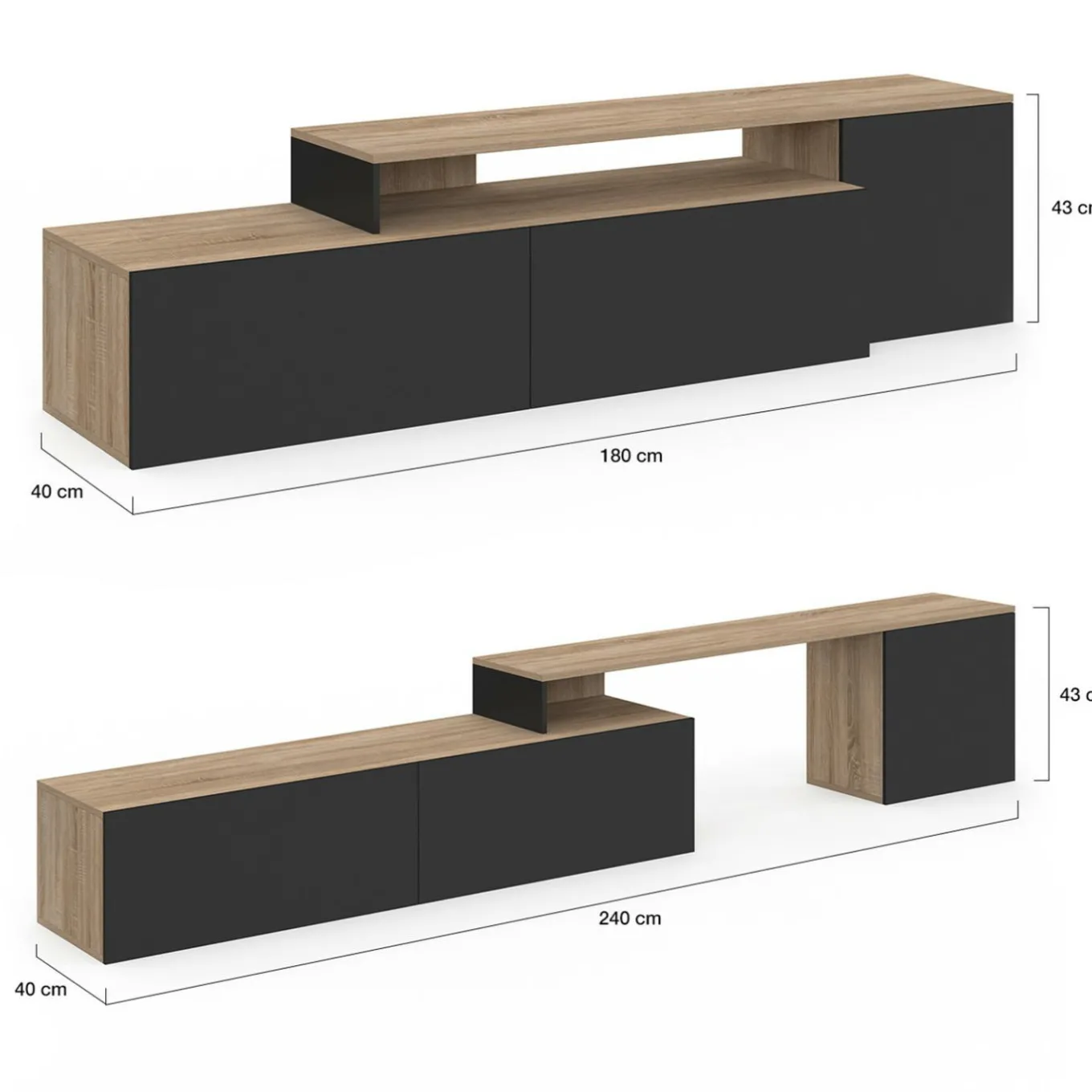 IDMarket Meuble TV 140-180 cm modulable d'angle rotatif bois et noir* Meubles Tv