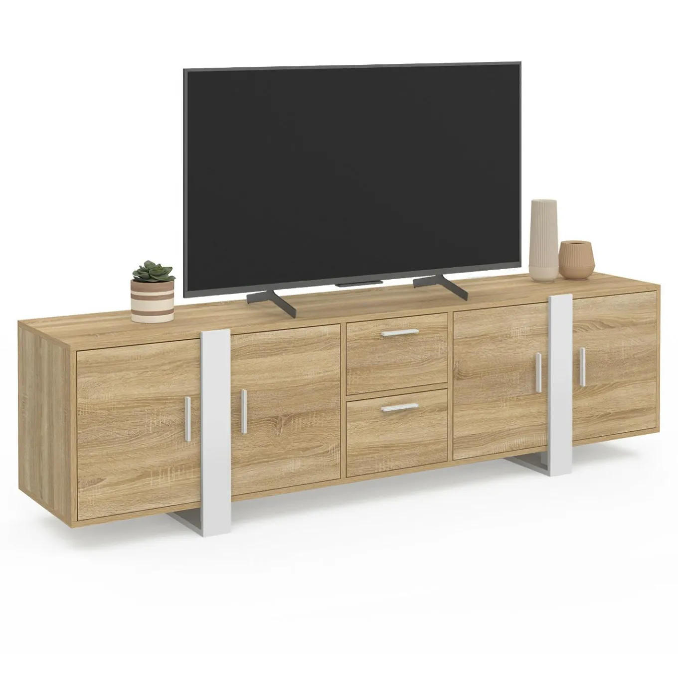 IDMarket Meuble TV 180 cm PHOENIX 4 portes + 2 tiroirs bois et blanc* Meubles Tv