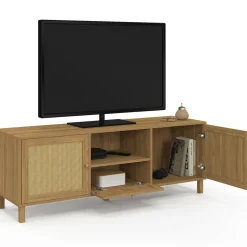 IDMarket Meuble TV 140 cm vintage 3 portes effet naturel cannage* Meubles En Bois|Collection Cannage