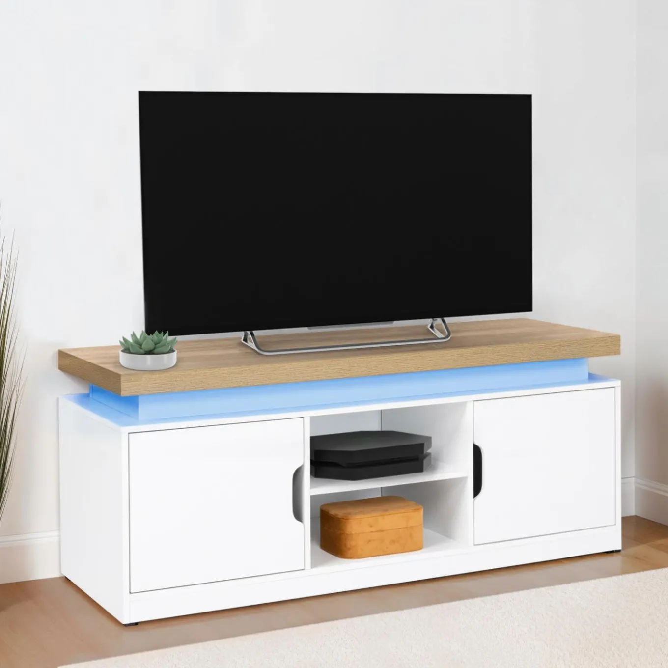 IDMarket Meuble TV à LEDS blanc et bois avec 2 portes 110 cm* Meubles Tv|Collection Moderne