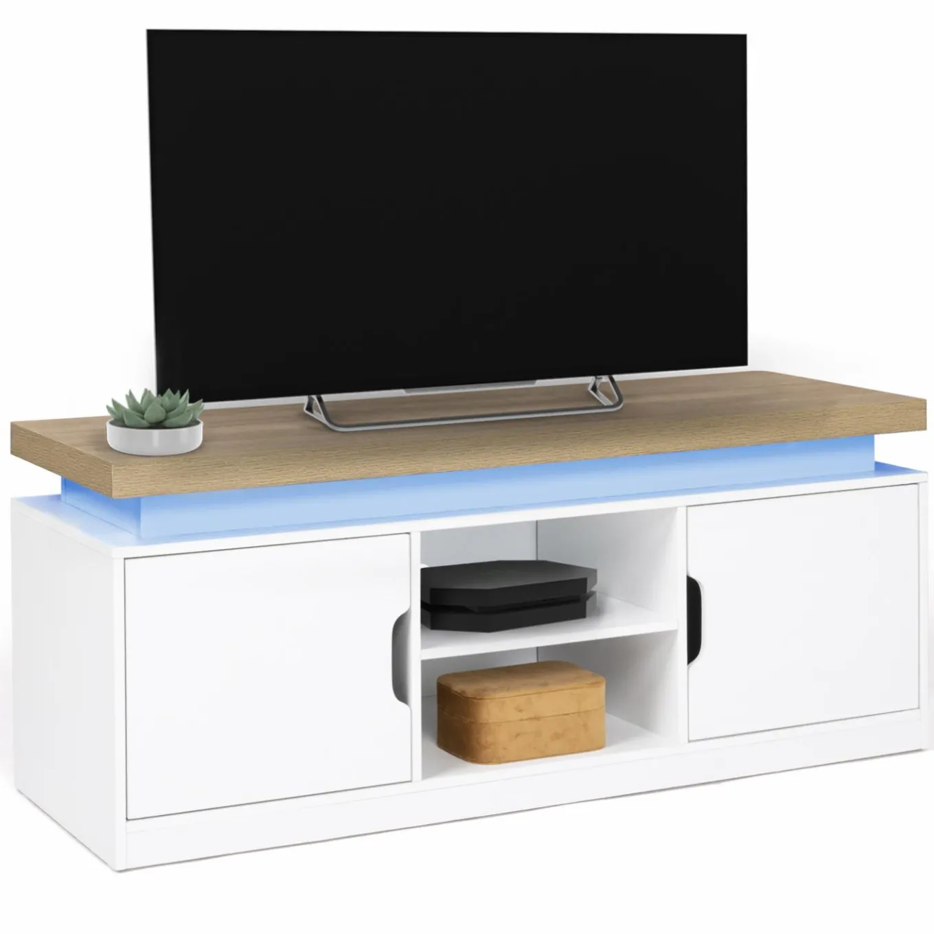 IDMarket Meuble TV à LEDS blanc et bois avec 2 portes 110 cm* Meubles Tv|Collection Moderne