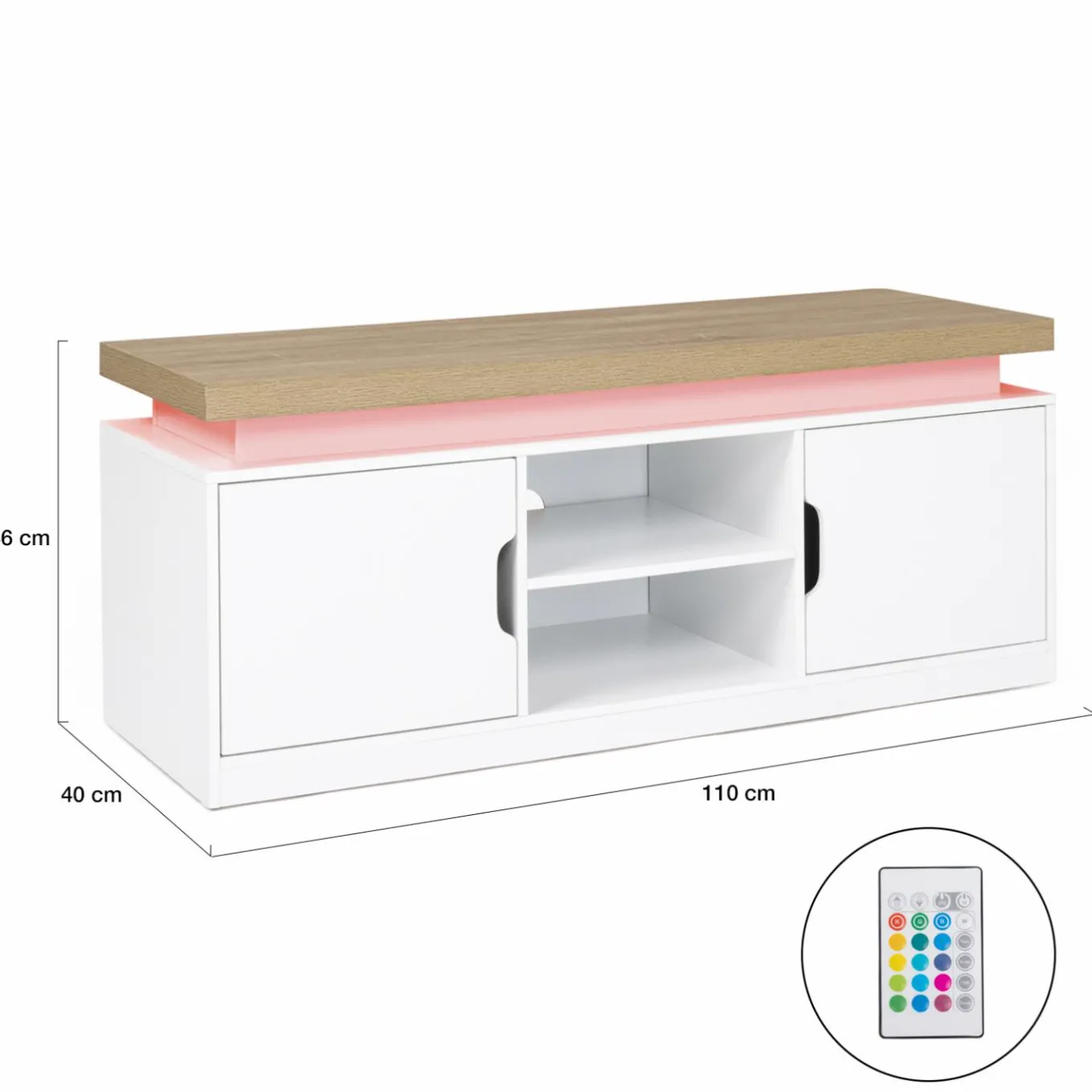 IDMarket Meuble TV à LEDS blanc et bois avec 2 portes 110 cm* Meubles Tv|Collection Moderne