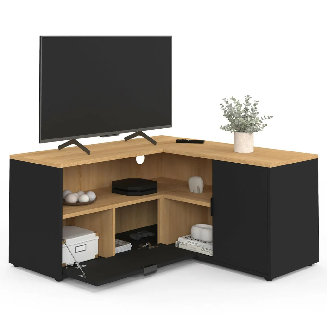 IDMarket Meuble TV 90 x 90 cm d'angle façon hêtre et noir* Meubles Tv|Collection Moderne