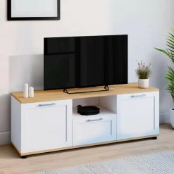 IDMarket Meuble TV blanc et bois 110 cm avec tiroir et niche* Meubles Tv