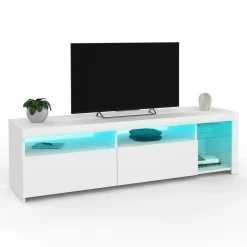 IDMarket Meuble TV blanc laqué avec étagères en verre et LED* Collection Design|Collection Contemporaine