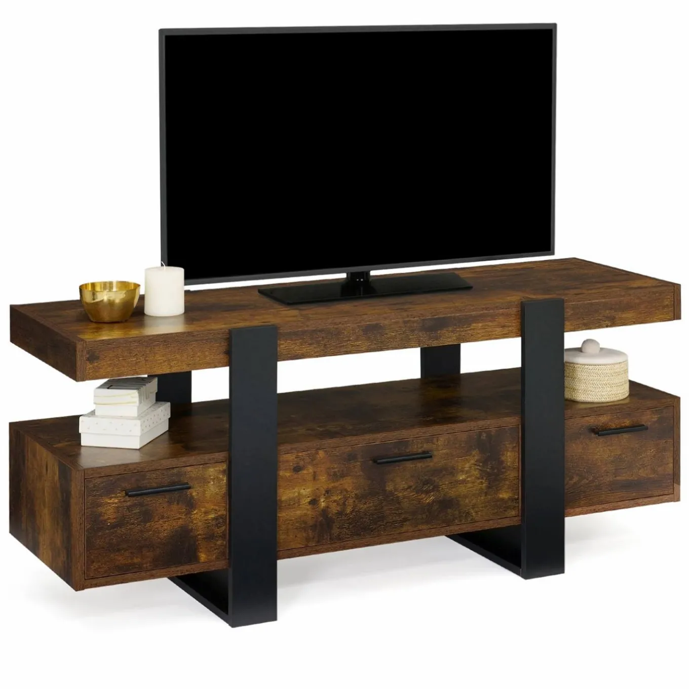 IDMarket Meuble TV bois effet vieilli et noir avec tiroirs* Meubles Tiroirs|Collection Vintage