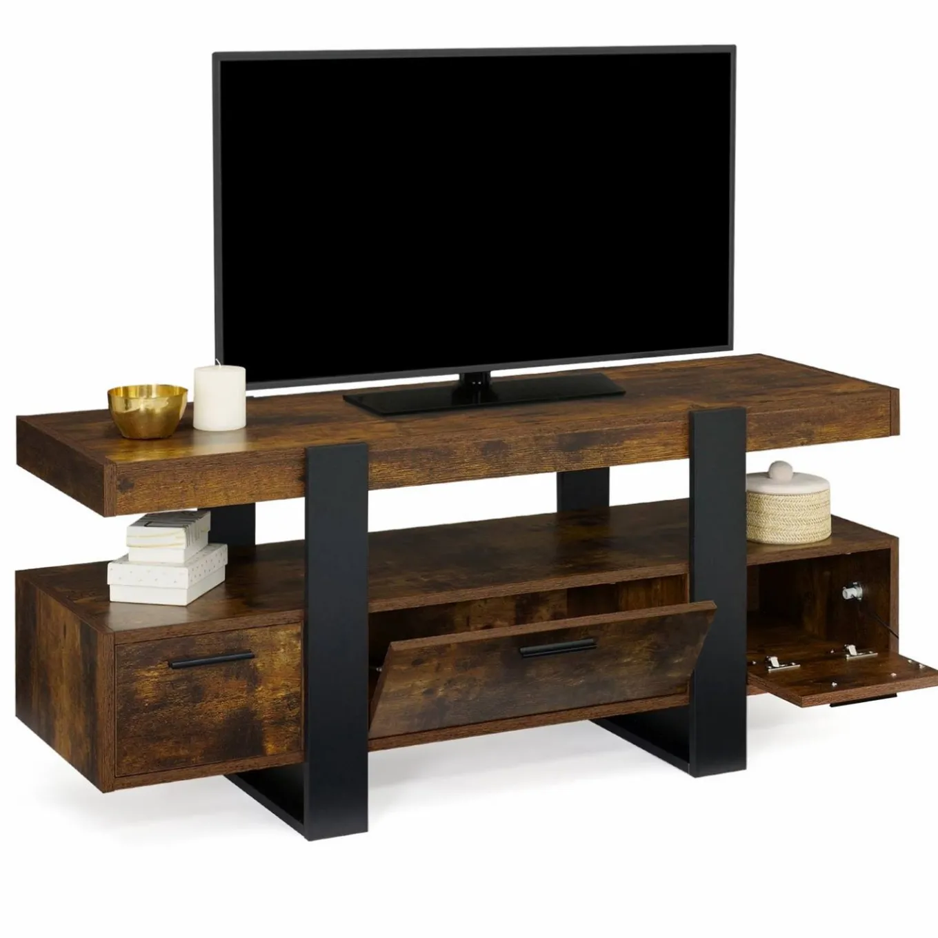IDMarket Meuble TV bois effet vieilli et noir avec tiroirs* Meubles Tiroirs|Collection Vintage