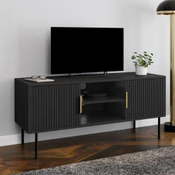 IDMarket Meuble TV bois noir 110 cm 2 portes effet lattes* Meubles Tv