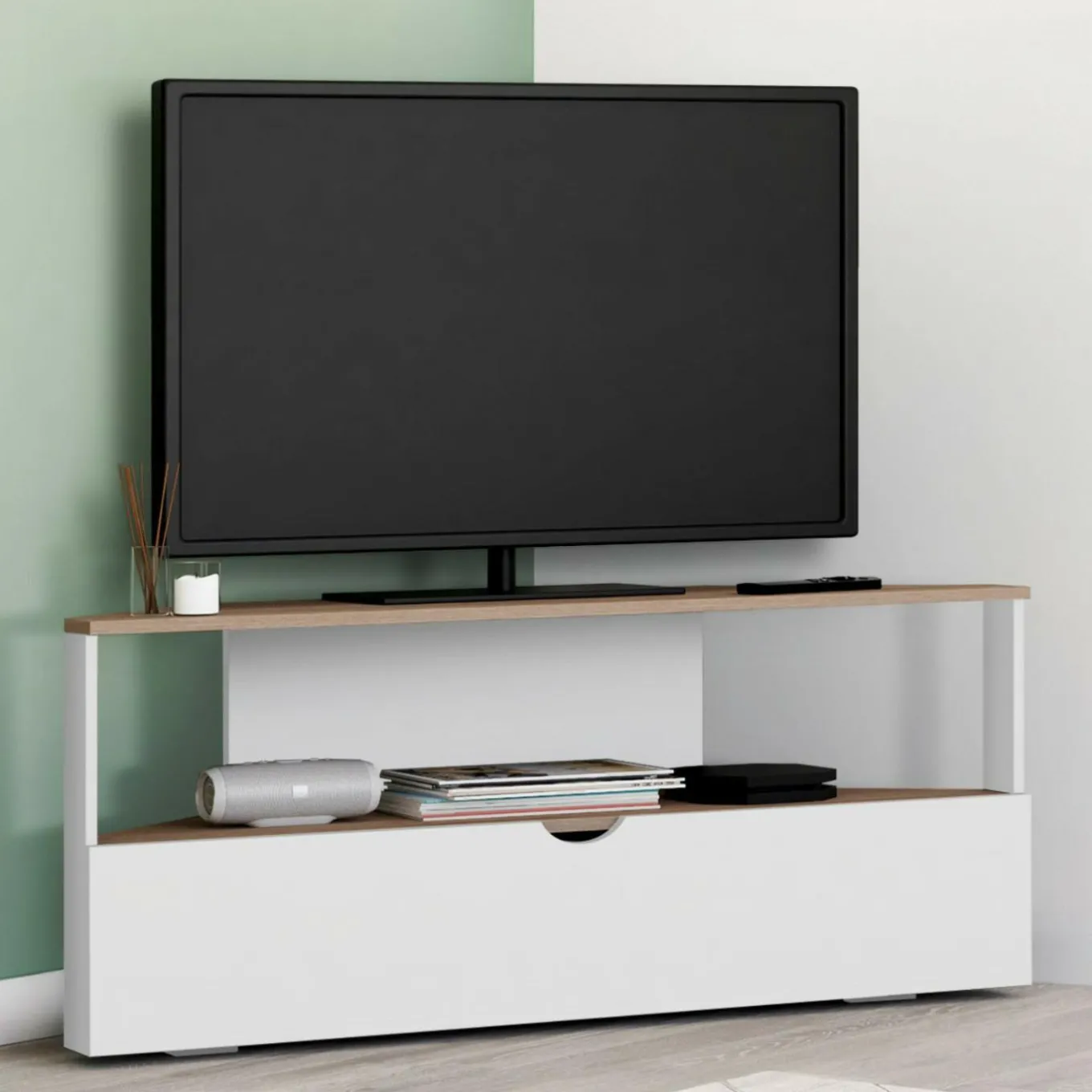 IDMarket Meuble TV d'angle 100 cm en bois façon hêtre et blanc* Meubles Tv