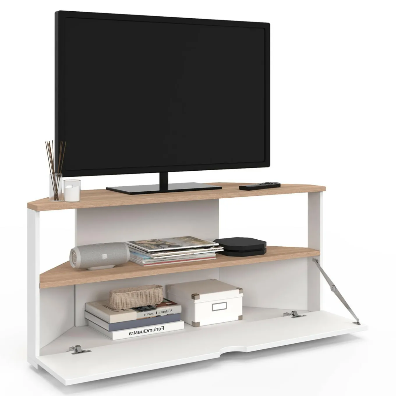 IDMarket Meuble TV d'angle 100 cm en bois façon hêtre et blanc* Meubles Tv