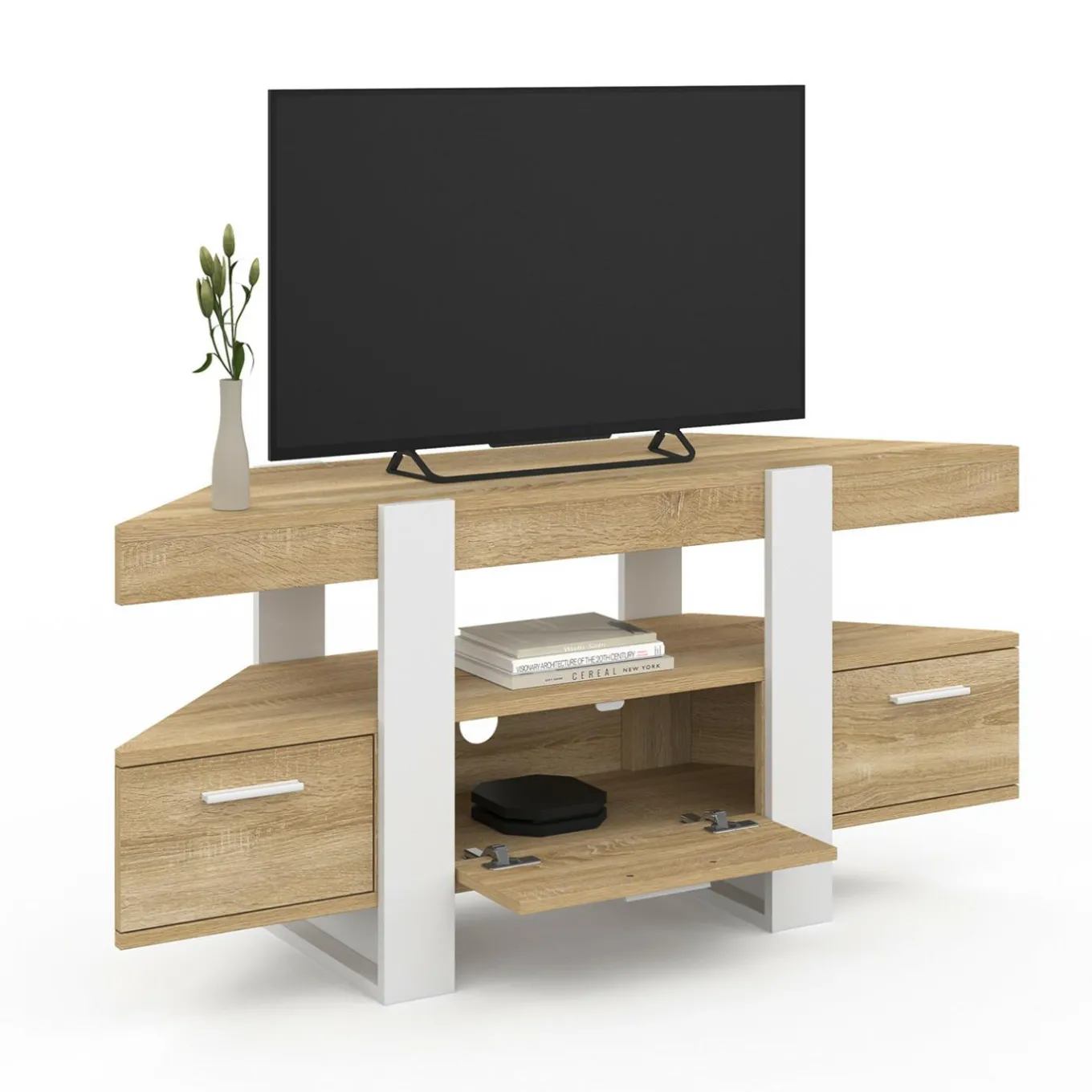 IDMarket Meuble TV d'angle bois et blanc 110cm avec tiroir* Meubles Tv