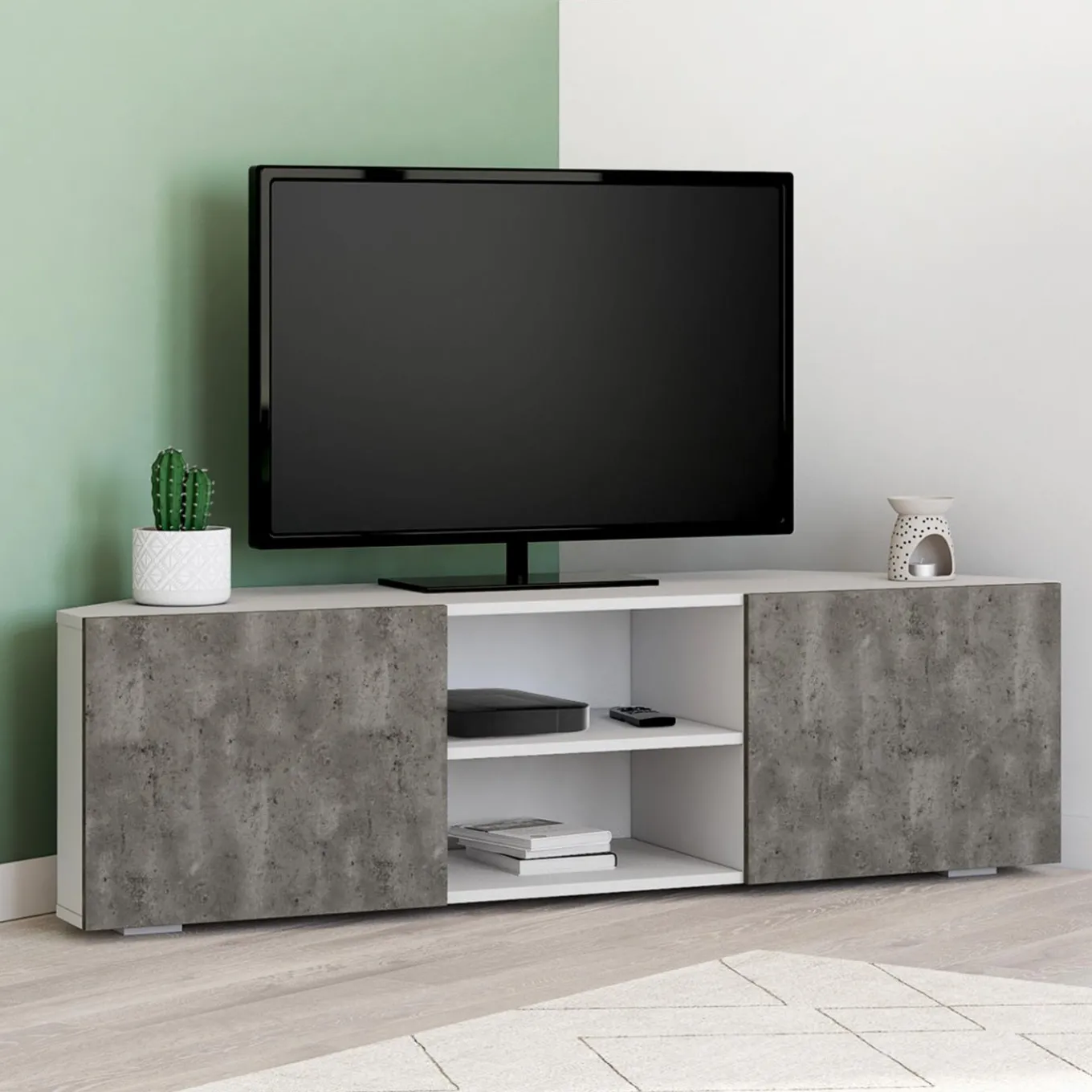IDMarket Meuble TV d'angle effet béton et blanc 110 cm* Collection Contemporaine|Meubles Tv