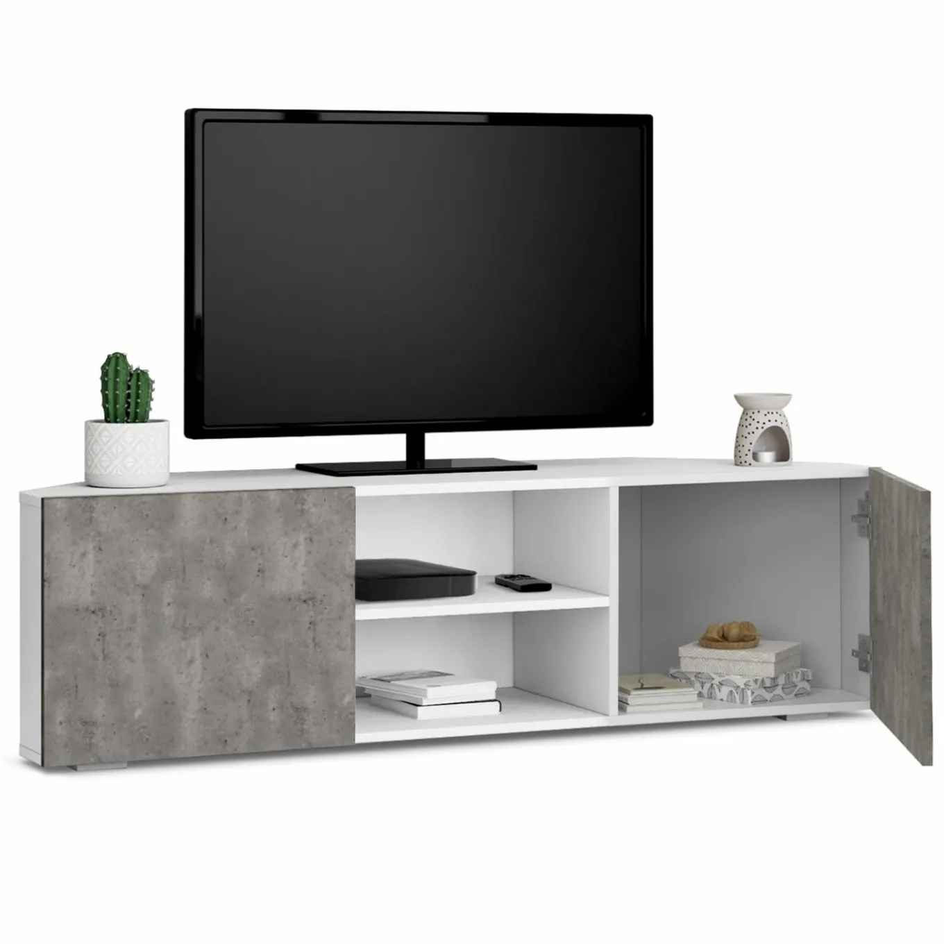 IDMarket Meuble TV d'angle effet béton et blanc 110 cm* Collection Contemporaine|Meubles Tv