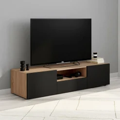 IDMarket Meuble TV moderne 140cm bois façon hêtre portes noires* Salon Complet|Meubles Tv