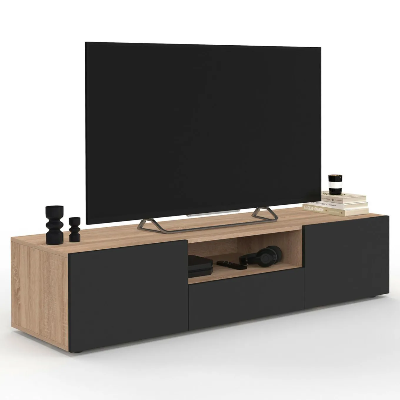 IDMarket Meuble TV moderne 140cm bois façon hêtre portes noires* Salon Complet|Meubles Tv