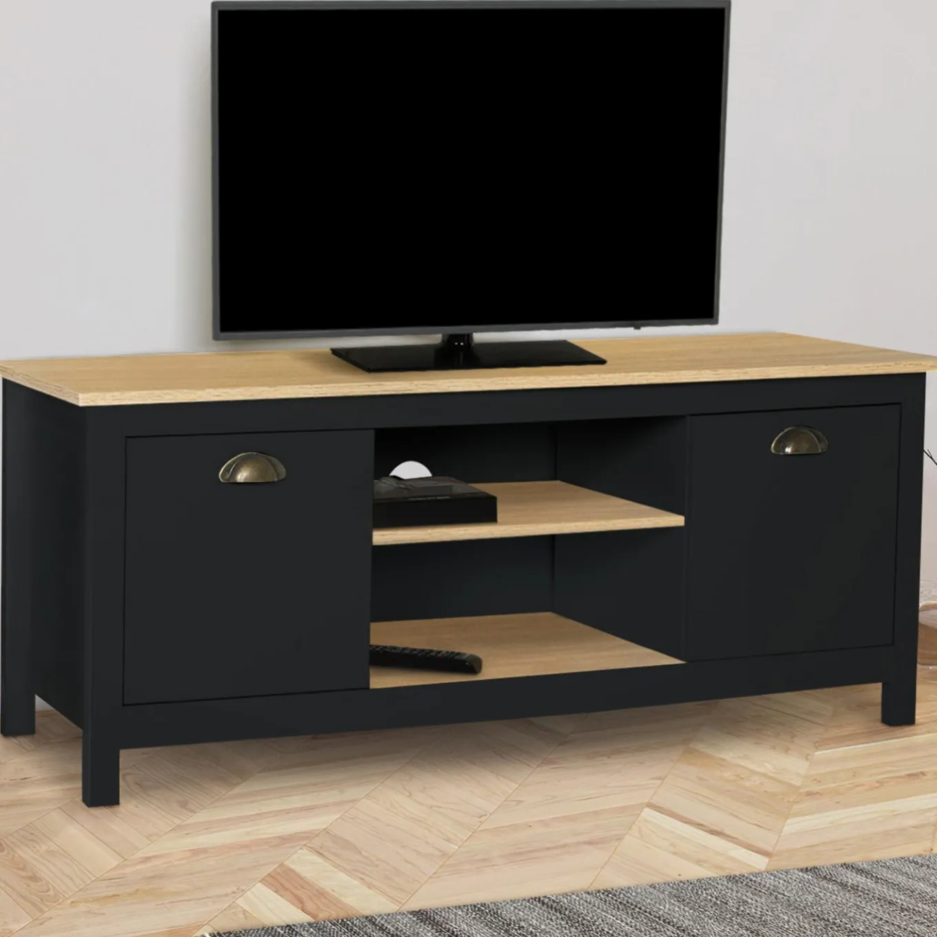 IDMarket Meuble TV noir 113 cm 2 placards* Salon Complet|Meubles Tv