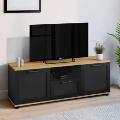 IDMarket Meuble TV noir et bois 110 cm avec tiroir et niche* Meubles Tv