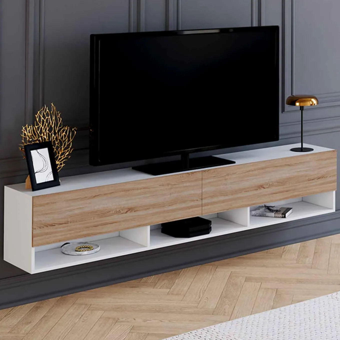 IDMarket Meuble TV suspendu blanc et bois 180 cm avec étagères* Meubles Tv