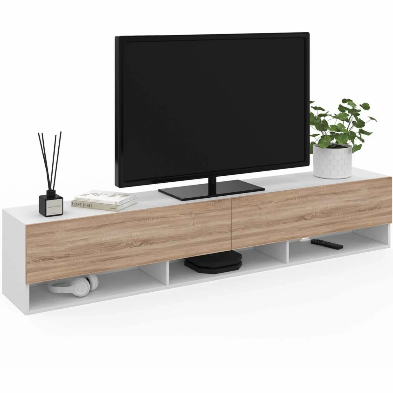 IDMarket Meuble TV suspendu blanc et bois 180 cm avec étagères* Meubles Tv