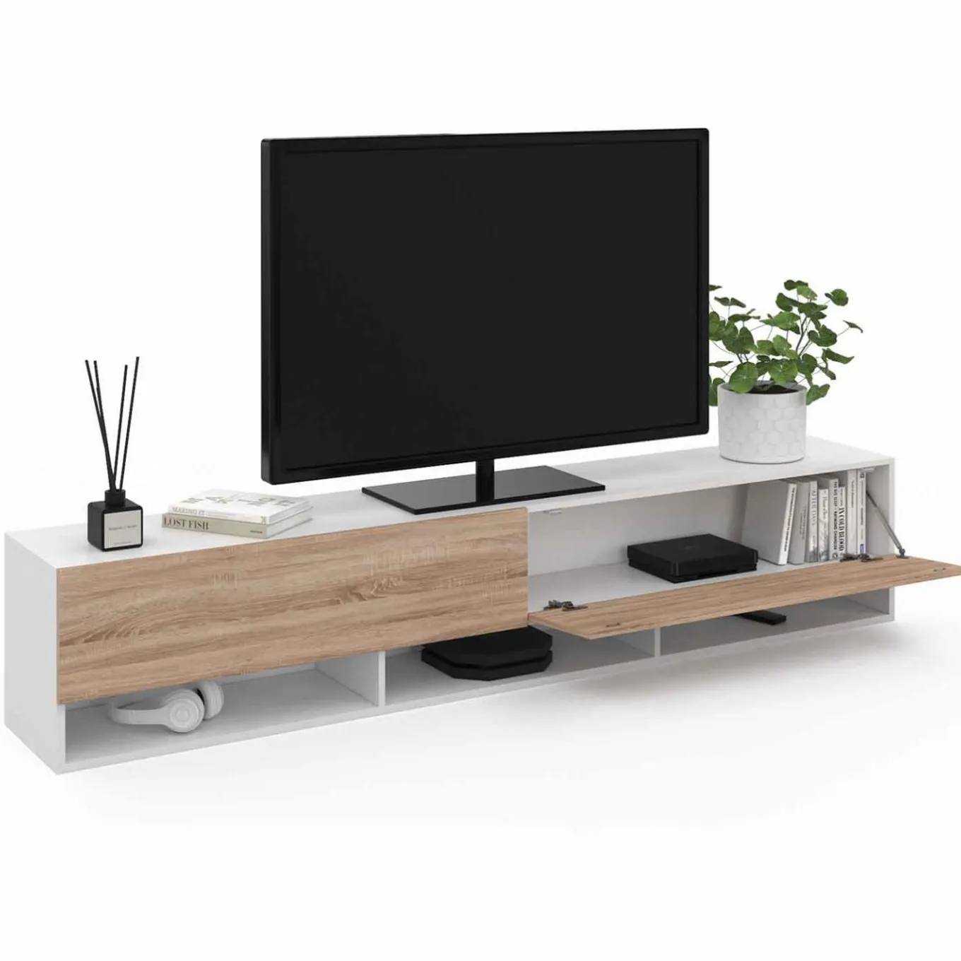 IDMarket Meuble TV suspendu blanc et bois 180 cm avec étagères* Meubles Tv