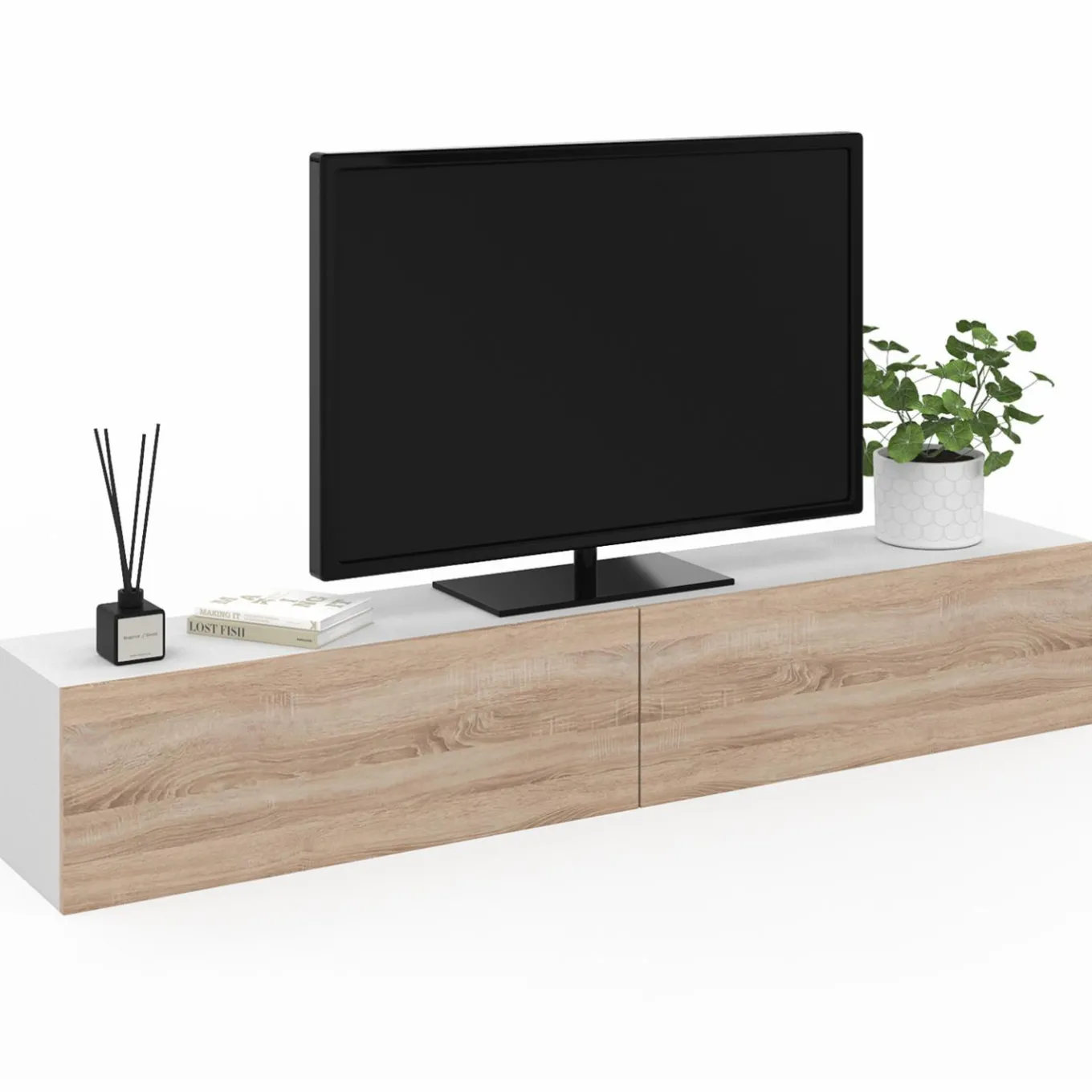 IDMarket Meuble TV suspendu blanc et bois* Meubles Blancs|Meubles En Bois