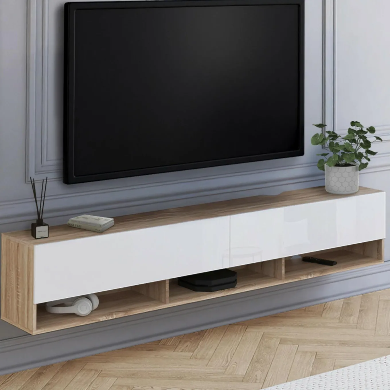 IDMarket Meuble TV suspendu bois et blanc 180 cm avec étagères* Meubles Tv|Salon Complet