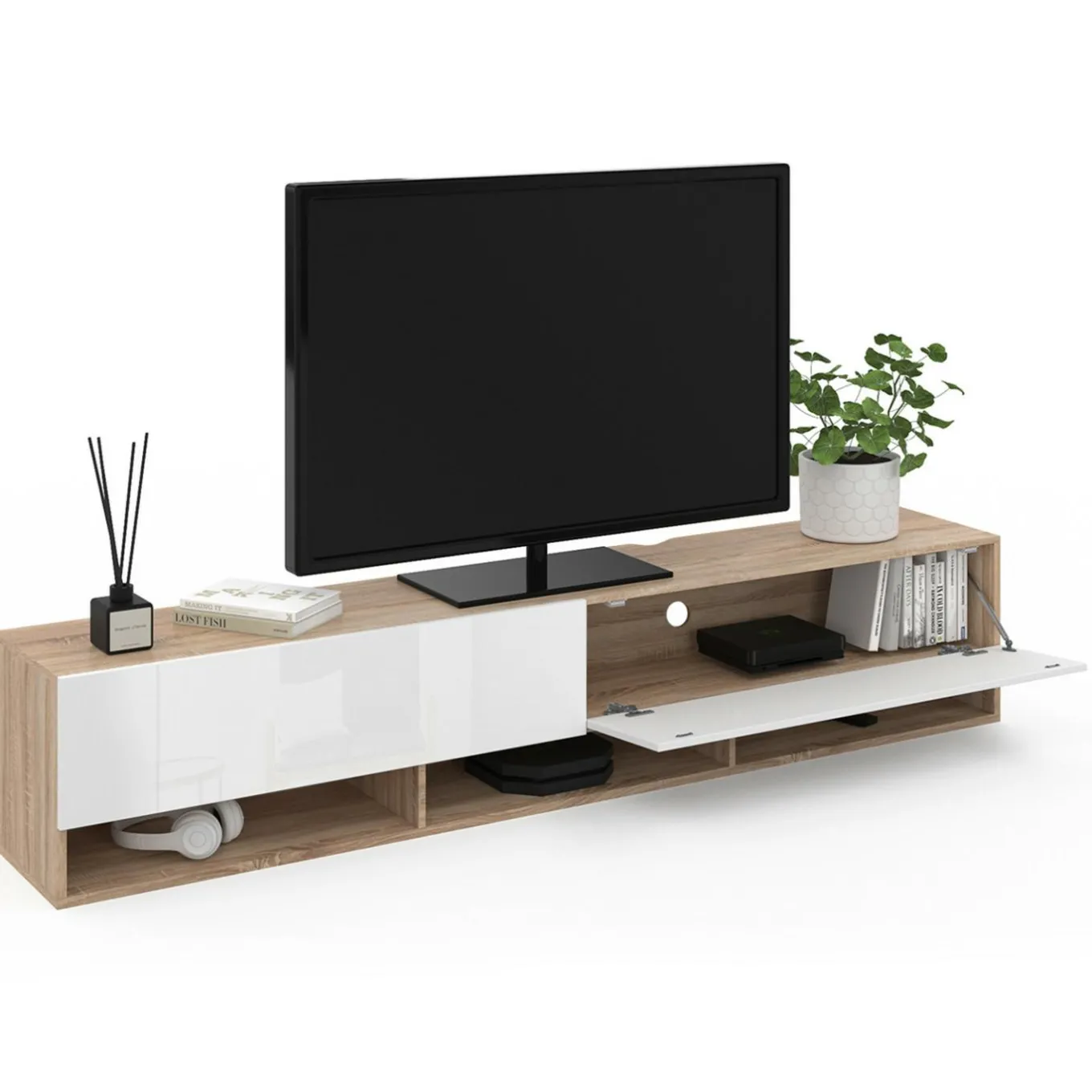 IDMarket Meuble TV suspendu bois et blanc 180 cm avec étagères* Meubles Tv|Salon Complet