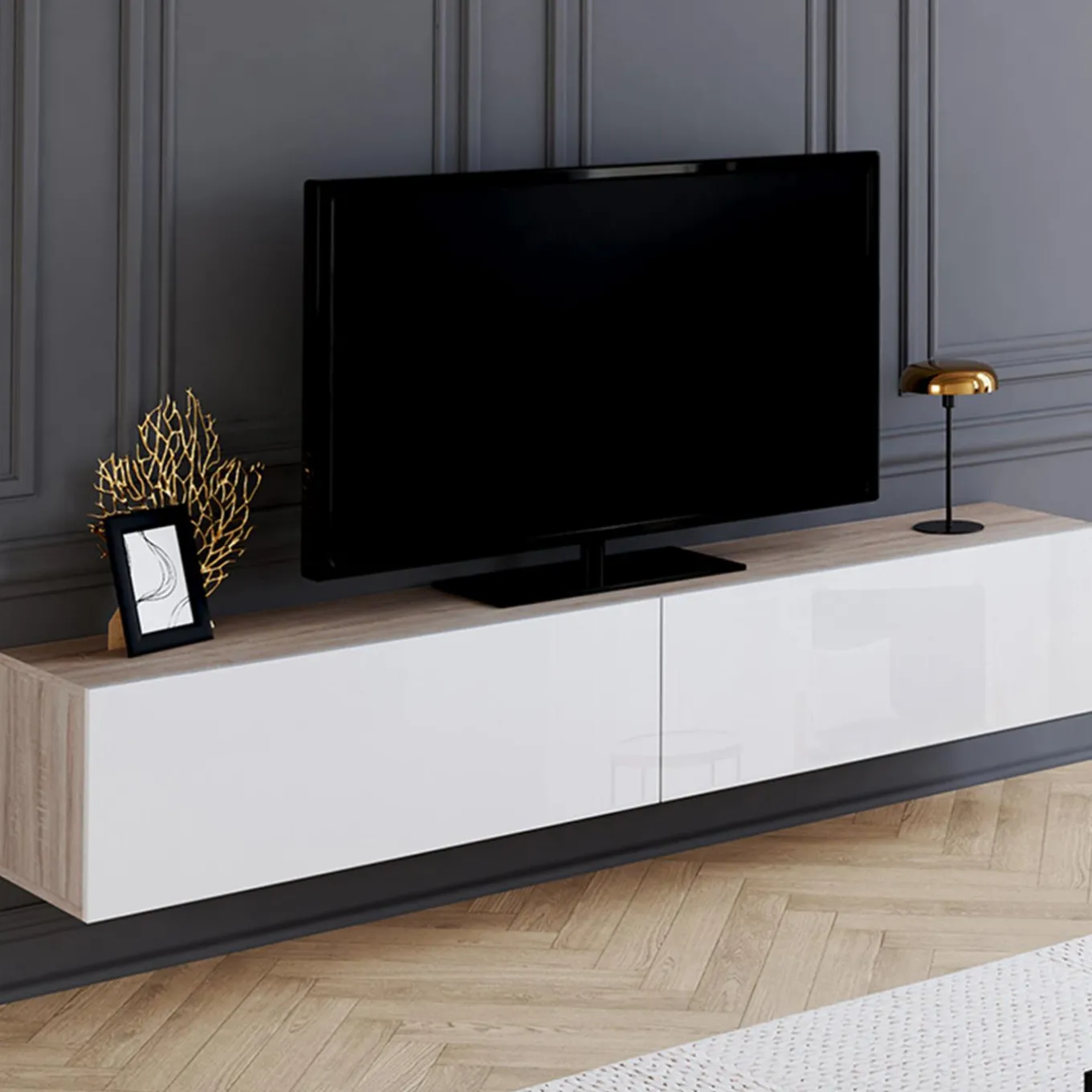 IDMarket Meuble TV suspendu bois et blanc* Collection Moderne|Collection Design