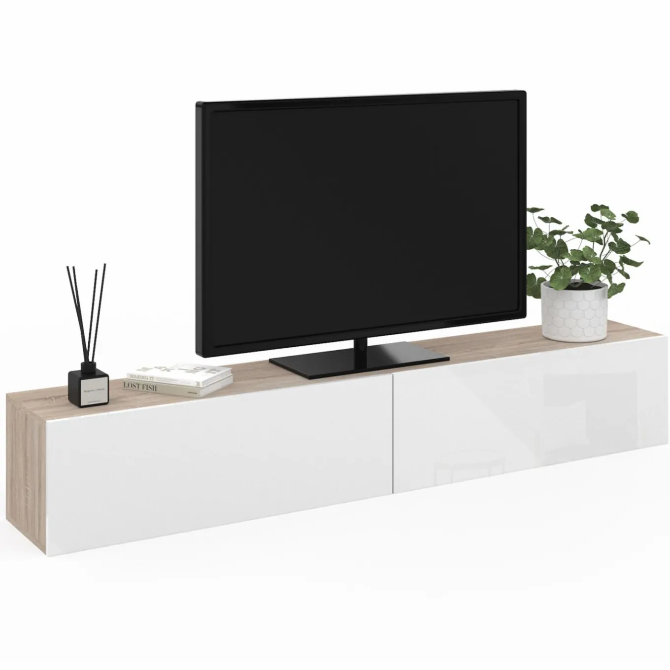 IDMarket Meuble TV suspendu bois et blanc* Collection Moderne|Collection Design