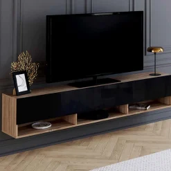 IDMarket Meuble TV suspendu noir et bois 180 cm avec étagères* Meubles Tv|Salon Complet