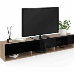 IDMarket Meuble TV suspendu noir et bois 180 cm avec étagères* Meubles Tv|Salon Complet
