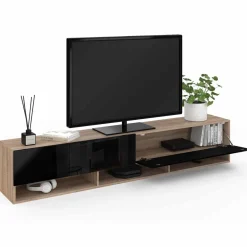 IDMarket Meuble TV suspendu noir et bois 180 cm avec étagères* Meubles Tv|Salon Complet
