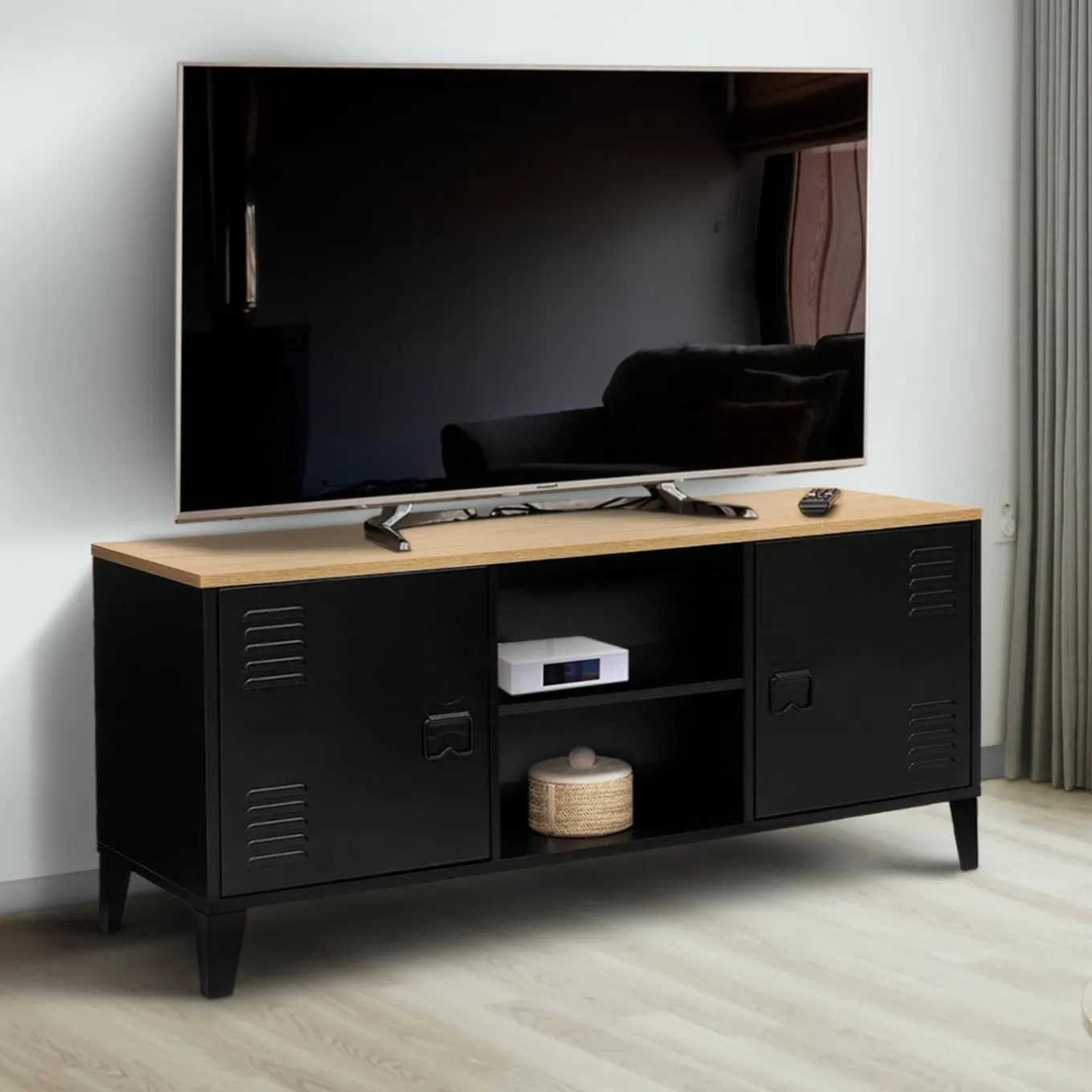 IDMarket Meuble TV vestiaire portes métal et plateau bois 113 cm* Collection Métal|Collection Industrielle
