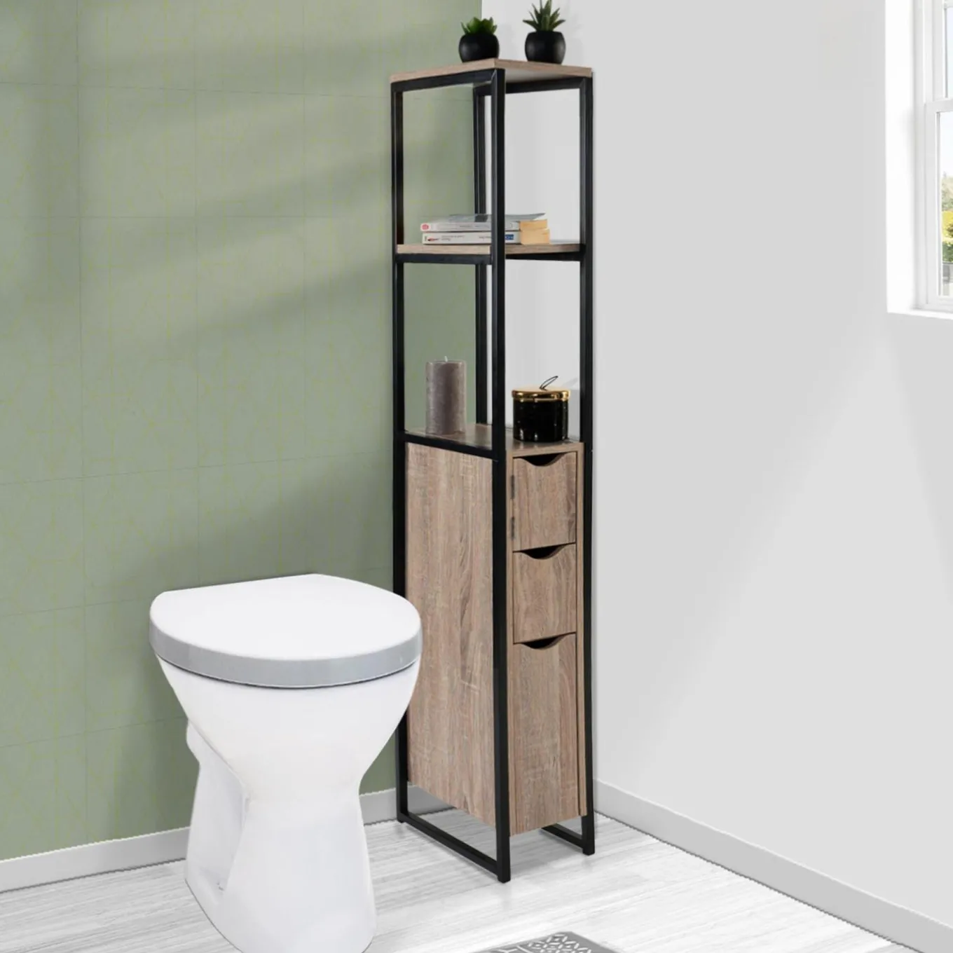IDMarket Meuble WC 3 portes DETROIT design industriel avec étagères* Meubles Hauts|Collection Industrielle