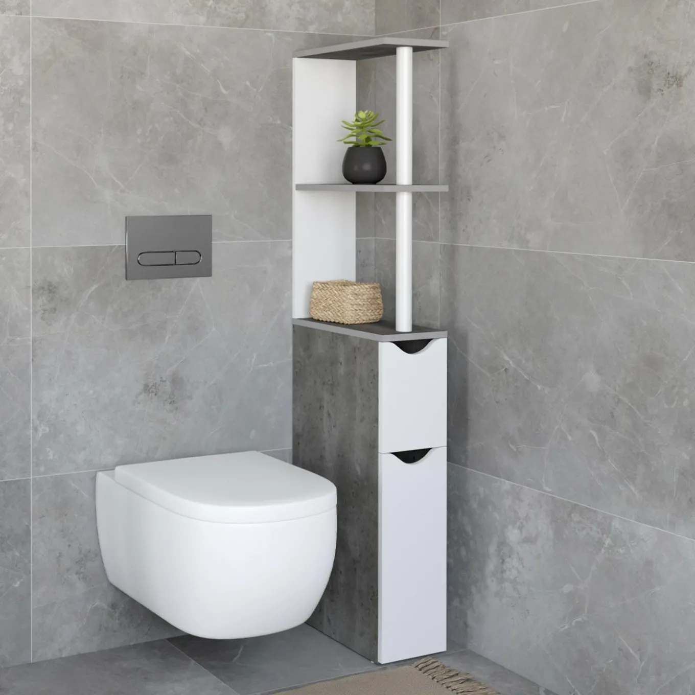 IDMarket Meuble WC gain de place en bois blanc et effet béton* Meubles Salle De Bain|Meubles Wc