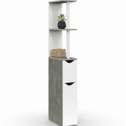 IDMarket Meuble WC gain de place en bois blanc et effet béton* Meubles Salle De Bain|Meubles Wc
