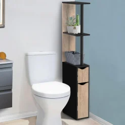 IDMarket Meuble WC étagère avec 2 portes noir et bois* Meubles Blancs|Collection Contemporaine