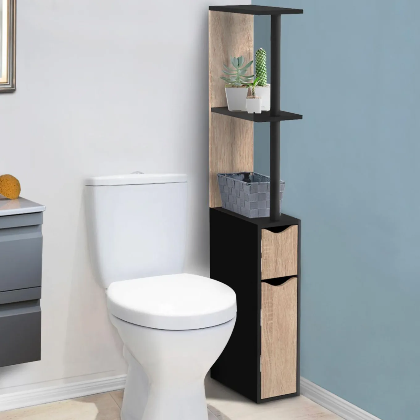 IDMarket Meuble WC étagère avec 2 portes noir et bois* Meubles Blancs|Collection Contemporaine