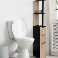 IDMarket Meuble WC étagère avec portes : noir et bois* Meubles Hauts|Collection Contemporaine