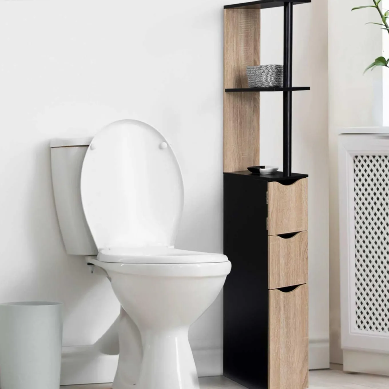 IDMarket Meuble WC étagère avec portes : noir et bois* Meubles Hauts|Collection Contemporaine