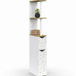 IDMarket Meuble WC étagère hêtre et motif terrazzo avec 2 portes* Meubles Blancs|Collection Contemporaine