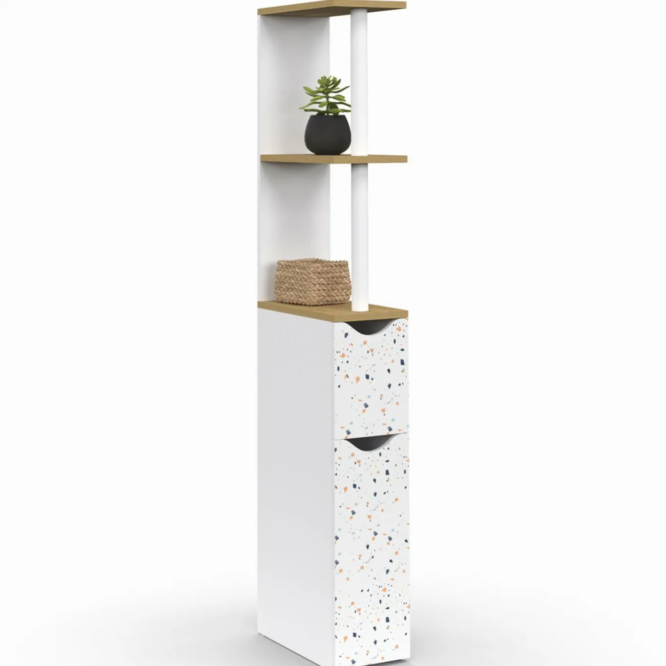 IDMarket Meuble WC étagère hêtre et motif terrazzo avec 2 portes* Meubles Blancs|Collection Contemporaine