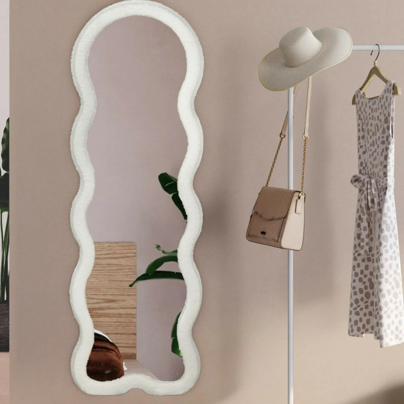 IDMarket Miroir vague en tissu bouclette crème 150 x 50 cm* Décoration Et Accessoires|Collection Moderne