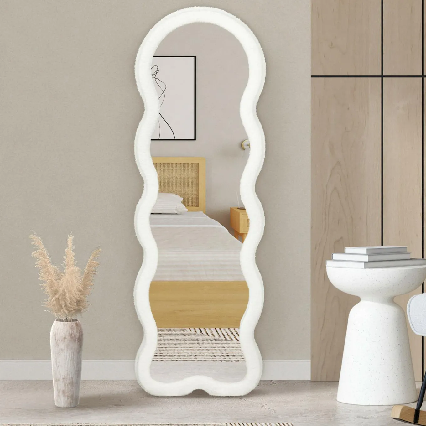 IDMarket Miroir vague en tissu bouclette crème 150 x 50 cm* Décoration Et Accessoires|Collection Moderne